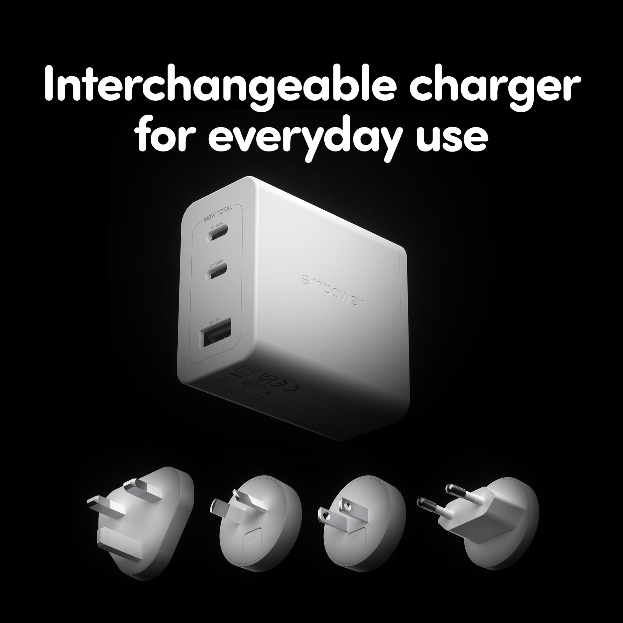 empower™ by PanzerGlass® Turbo 100W World Travel Adaptor incl. 2 x USB-C + USB-A | Silver White